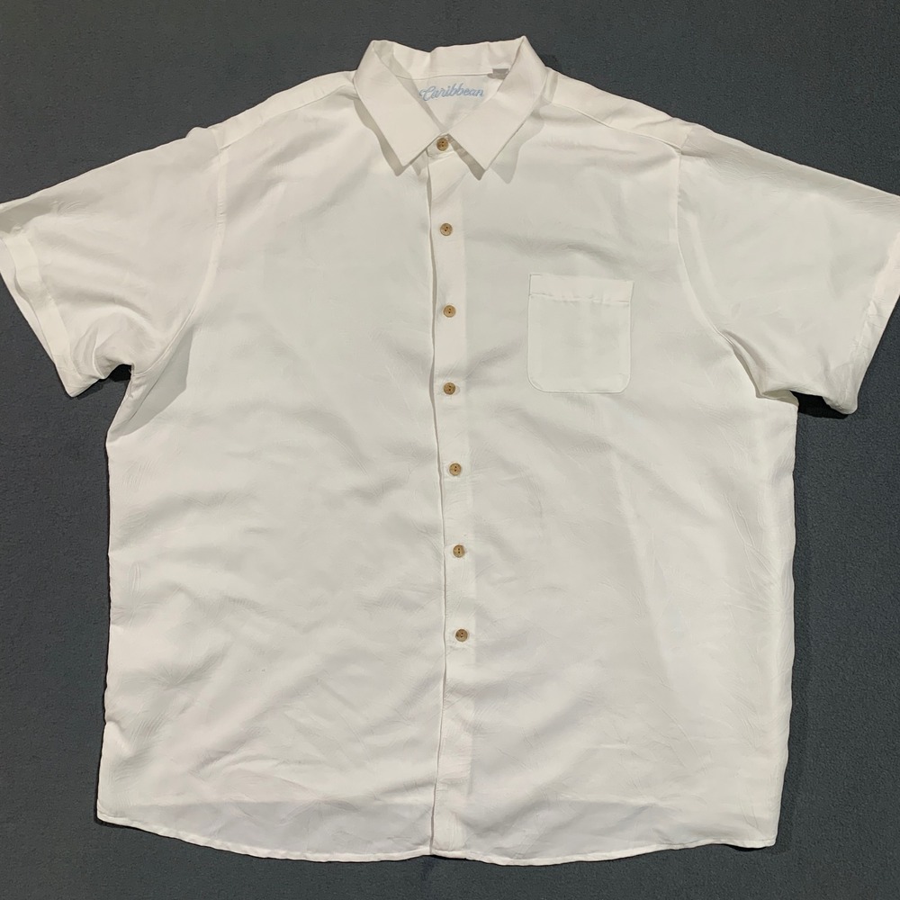 Caribbean Mens White Leaf Pattern Short Sleeve Button Up Shirt 4XB Cruis Resort